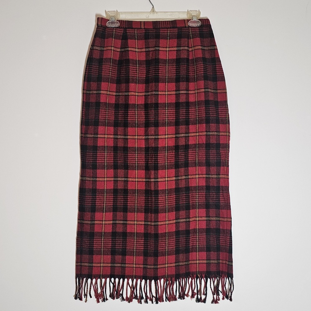 Vintage Jaclyn Smith Studio Skirt Womens 8 Red Black Plaid Fringe Wool Blend 90s
